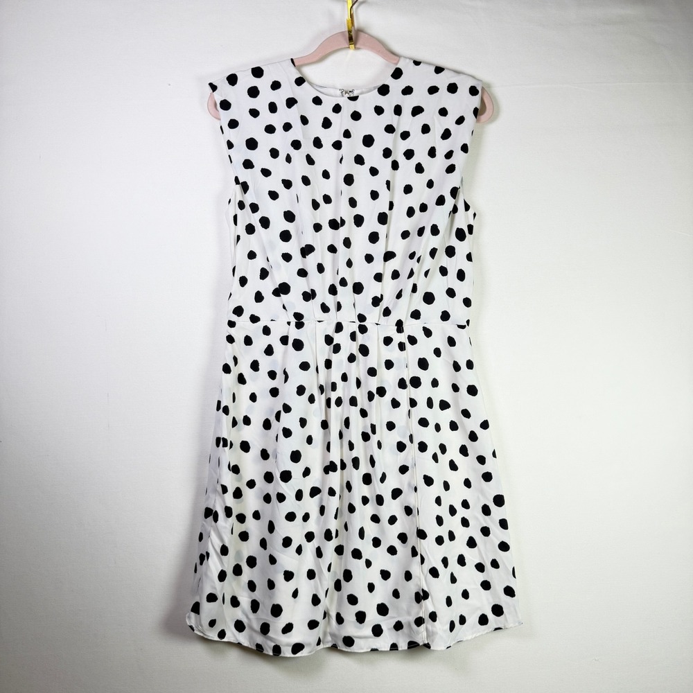 MANGO White Black Polka Dot Sleeveless Fit and Flare Dress Size L